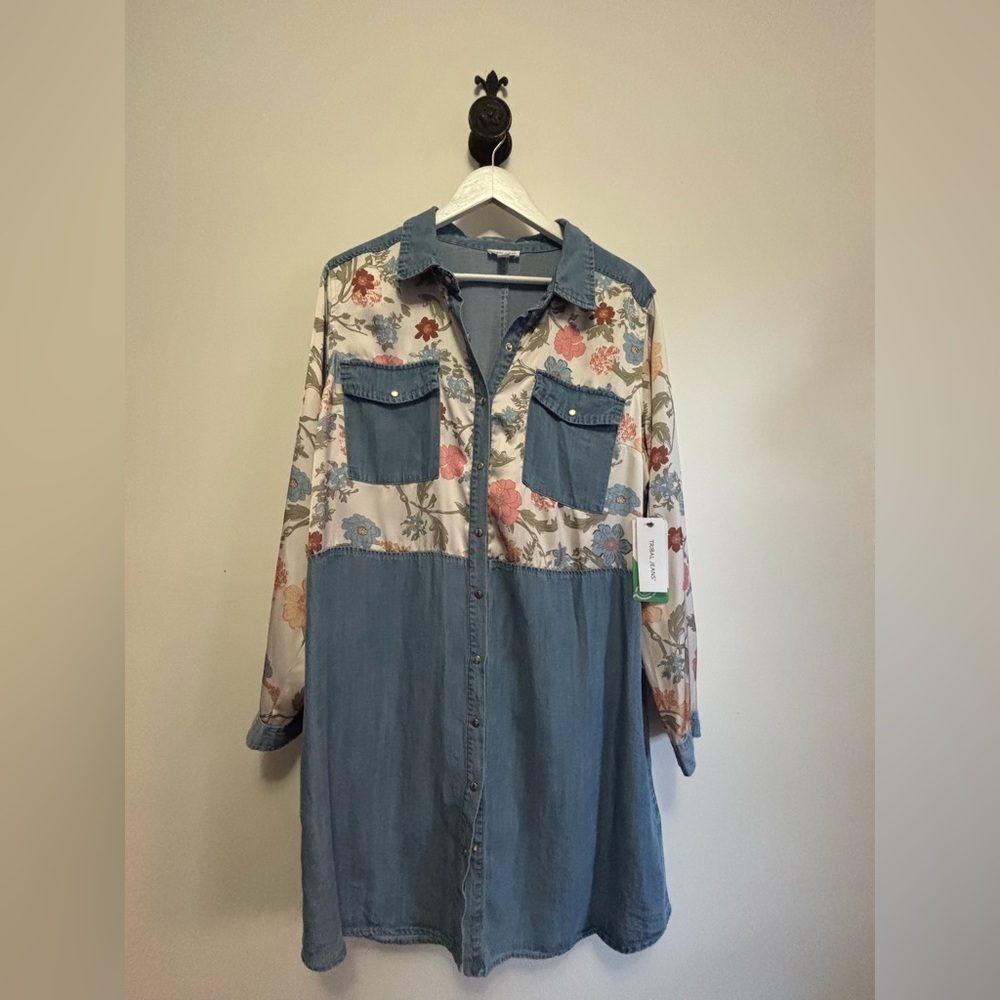 NWT Tribal Floral & Chambray Midi Shirt Dress - Blue, Cream, Pink